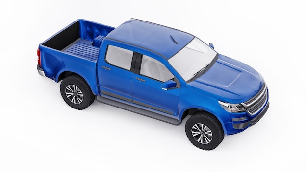 Blauwe pick-up auto op een witte achtergrond. 3D-rendering.