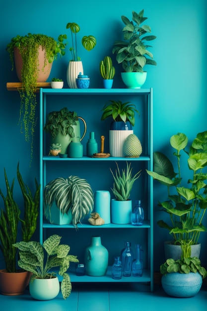 Blauwe plank gevuld met potplanten bovenop blauwe muur Generatieve AI