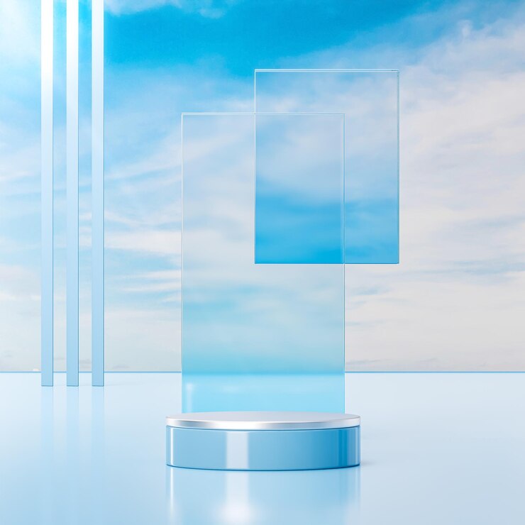 Blauwe podium podiumstand op blauwe bewolkte hemelachtergrond voor productplaatsing 3d render