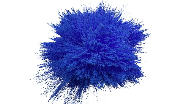 Blauwe poederbalexplosie op witte achtergrond Blauwe stofexplosie