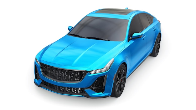 Blauwe premium zakelijke sedan auto in een sportconfiguratie op een witte achtergrond 3D-rendering