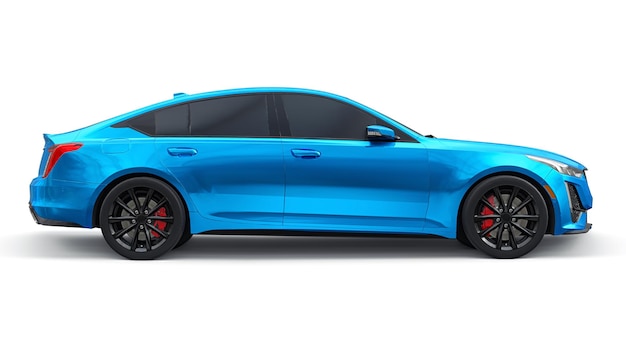 Blauwe premium zakelijke sedan auto in een sportconfiguratie op een witte achtergrond 3D-rendering