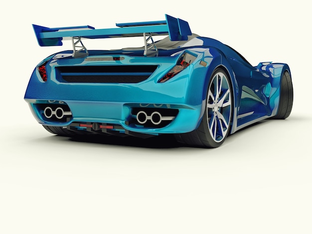 Blauwe race-conceptauto. Afbeelding van een auto op een witte achtergrond. 3D-rendering.