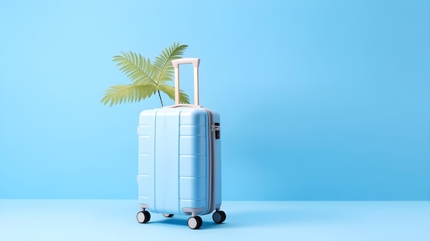 Blauwe reiskoffer met palmboom op blauwe achtergrond voor roepingconcept