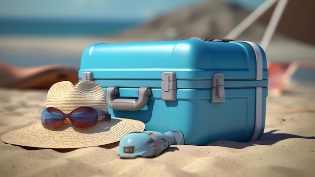 Blauwe reiskofferzonnebril en hoed op het actuele concept van het strandzand Avontuur