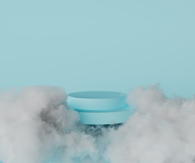 Blauwe ronde podium, podium of voetstuk vliegen in de wolken in de lucht. Perfecte illustratie voor het plaatsen van uw product of object op het podium, 3D-rendering