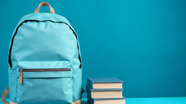 Blauwe rugzak en boeken op een blauwe achtergrond