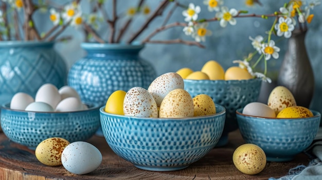 Blauwe schaal met gele en witte eieren