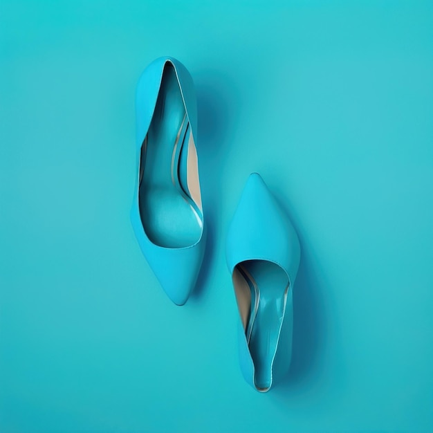 Blauwe schoenhakken op een blauwe platte achtergrond, eenvoudig, schoon en minimalistisch