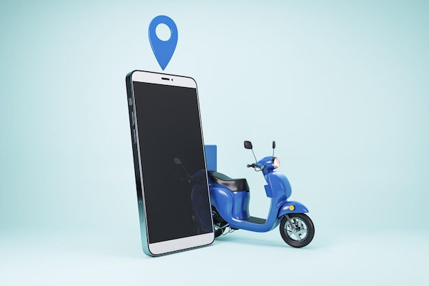 Blauwe scooter gekoppeld aan een te grote smartphone met locatiepin op een bleke achtergrond Stedelijke mobiliteitsconcept 3D-rendering