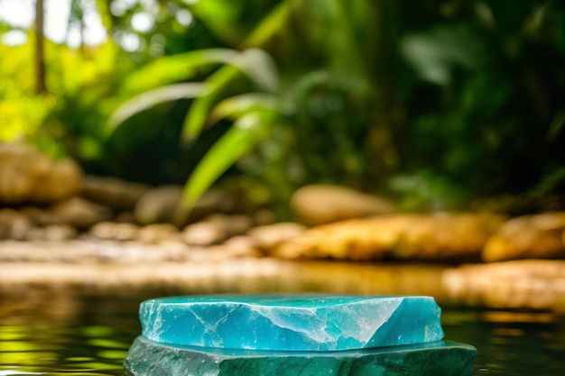 Blauwe stenen podium in azuurblauw water met tropische achtergrond voor productpresentatie
