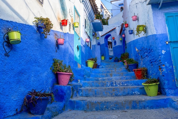 Blauwe straat met kleurpotten in Chefchaouen