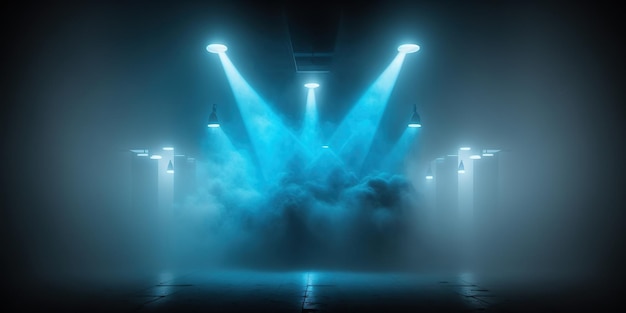 Blauwe studio met een achtergrond van blauwe neonmist Generatieve AI
