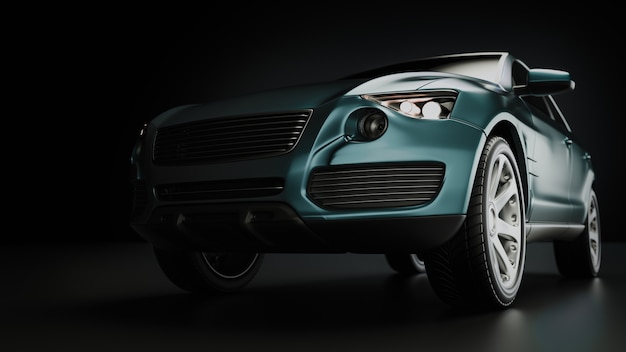 Blauwe suv-auto in studiofotografie. 3D-rendering en illustratie.