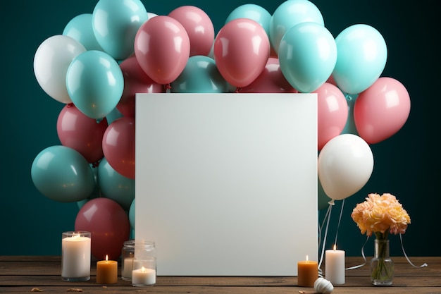 Blauwe tafel wit frame kleurrijke ballonnen partij planning mockup