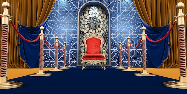 Blauwe tapijtingang met barrières en fluwelen touwen troon van de koningen vip-troon rode koninklijke troon 3d render
