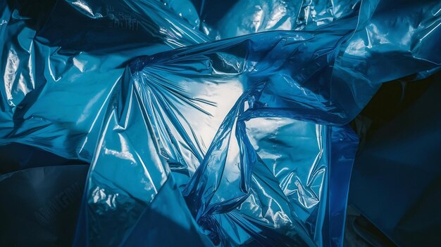 Foto blauwe textuur van de plastic zak van dichtbij