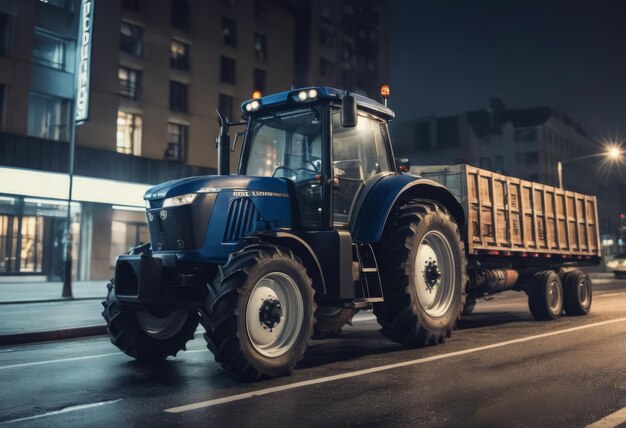 Foto blauwe tractor op de weg met frontloader in de lucht gebouwen binnen de achtergrond stad