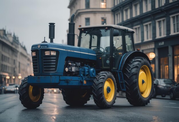 Blauwe tractor op de weg met frontloader in de lucht gebouwen binnen de achtergrond stad