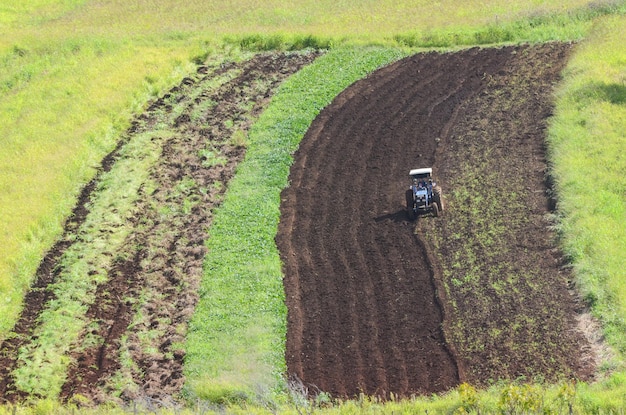 Blauwe tractor zaait een veld aan de rand van Hanga Roa, Paaseiland, Chili