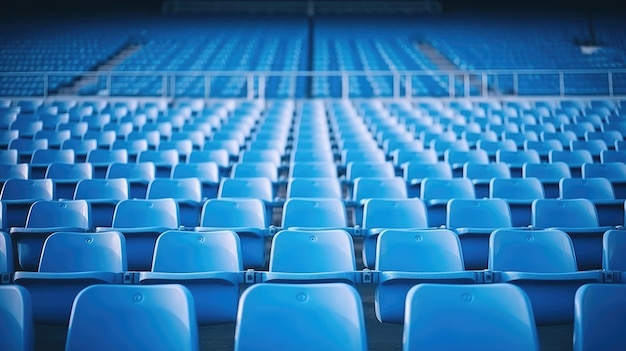 Blauwe tribunes stoelen van tribune op sportstadion leeg buitenarena concept fans stoelen voor publiek culturele omgeving concept kleur en symmetrie lege stoelen modern stadion
