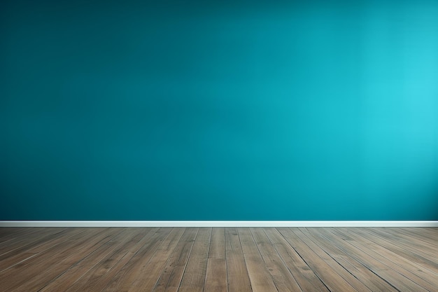 Blauwe turquoise muur en houten vloer met open ruimte