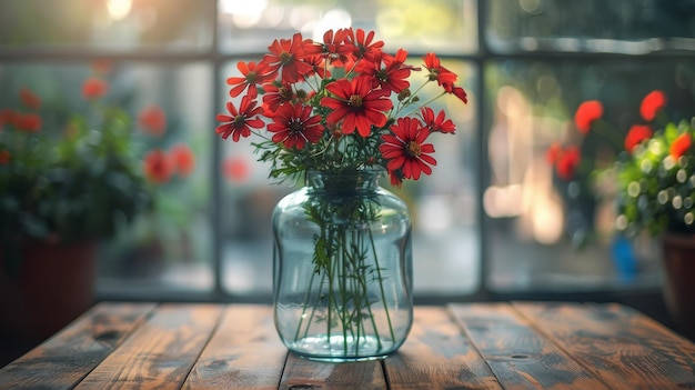 Blauwe vaas met rode bloemen op tafel