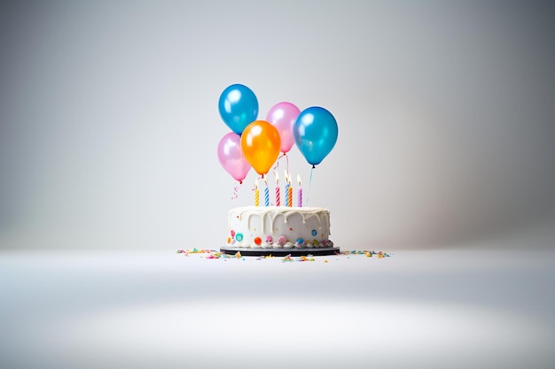 Blauwe verjaardagstaart met kleurrijke ballonnen over wit