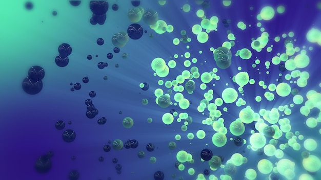 Blauwe versterker Groene abstracte 3D-weergave van chaotische bollen en vliegende deeltjes in de lege ruimte