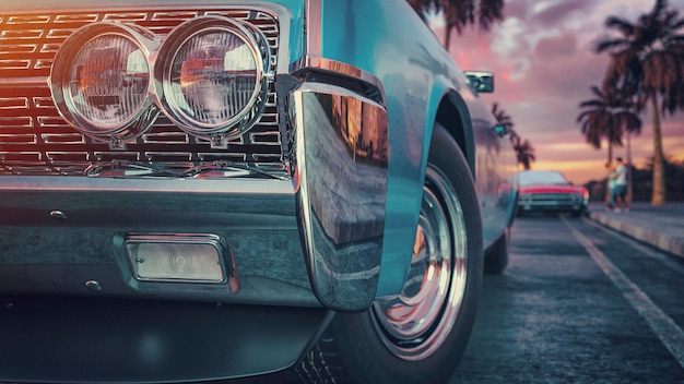 Foto blauwe vintage auto. 3d render en illustratie.