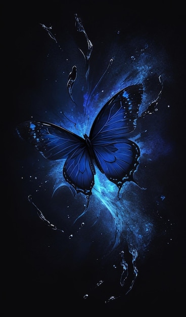 Blauwe vlinder met waterplons op zwarte achtergrond 3d illustratie T-shirtontwerp