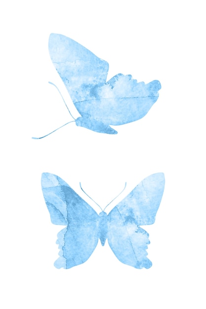 Blauwe vlinders geïsoleerd op een witte achtergrond. tropische motten. insecten voor ontwerp. aquarel verven