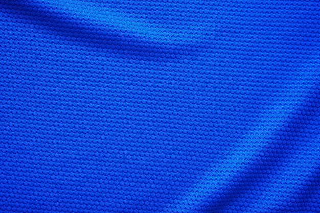 Blauwe voetbal trui kleding stof textuur sport slijtage achtergrond close-up bovenaanzicht