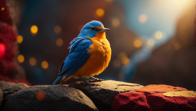 Blauwe vogel zit op een rots voor een rode en gele achtergrond met een wazig licht achter