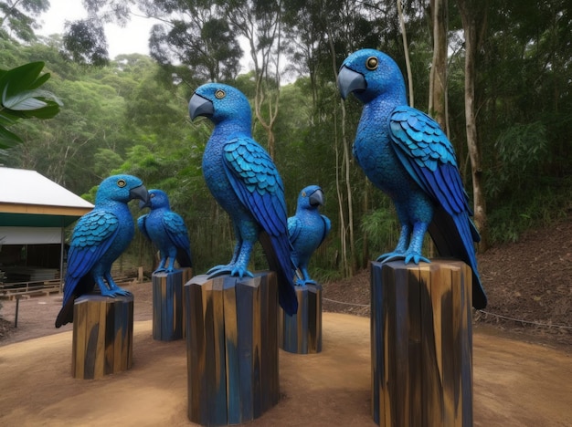 Blauwe vogels zitten op een houten platform in een bos.