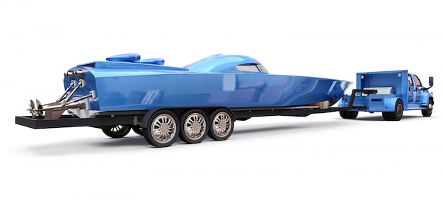 Blauwe vrachtwagen met een aanhangwagen voor het vervoeren van een raceboot op een witte achtergrond