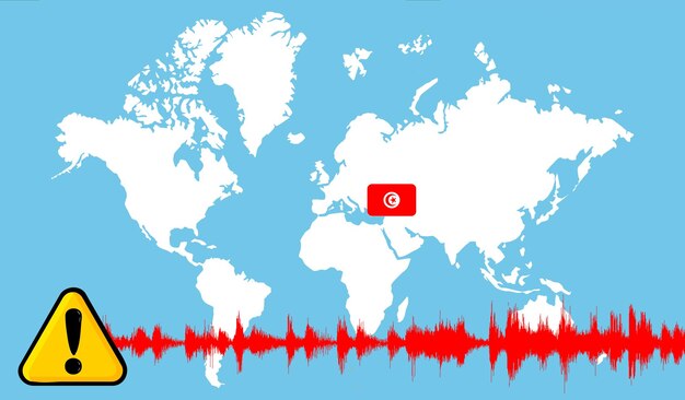 Foto blauwe wereldkaart met het teken van de aardbeving met de vlag van turkije