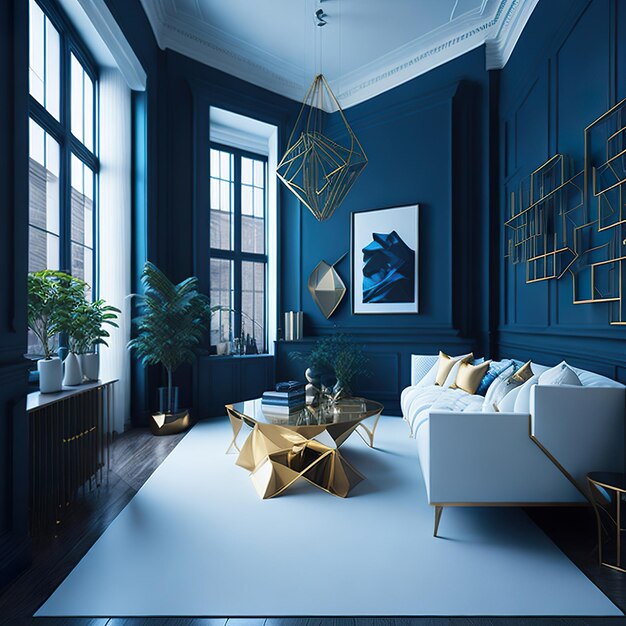 Blauwe woonkamer met vrije ruimte met gouden details