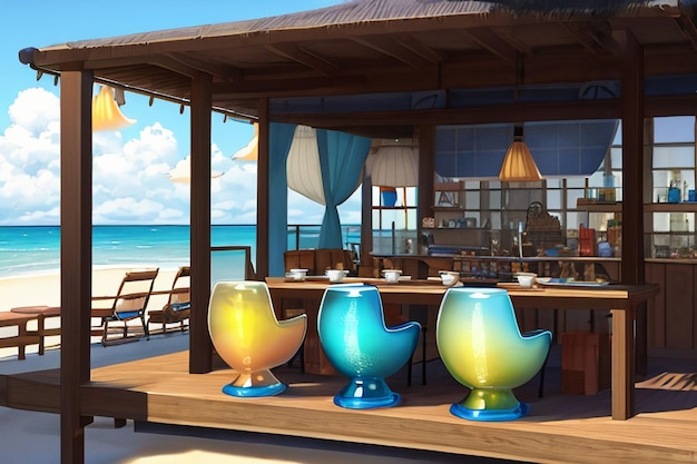 Foto blauwe zee geel strand natuur achtergrond fruitschaal decoratie behang illustratie