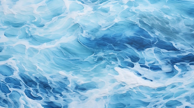 Blauwe zeetextuur met golven en schuim