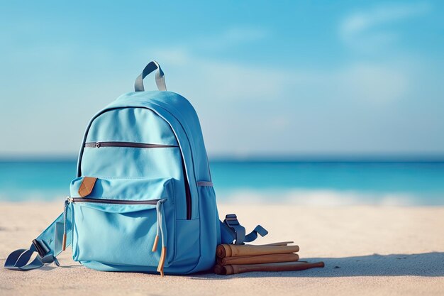 Blauwe zonnebril met rugzak en boeken op een zandstrand Reizen concept