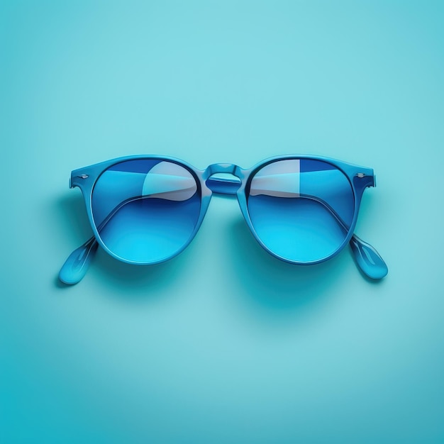 Blauwe zonnebril op een blauwe platte achtergrond, eenvoudig schoon en minimalistisch