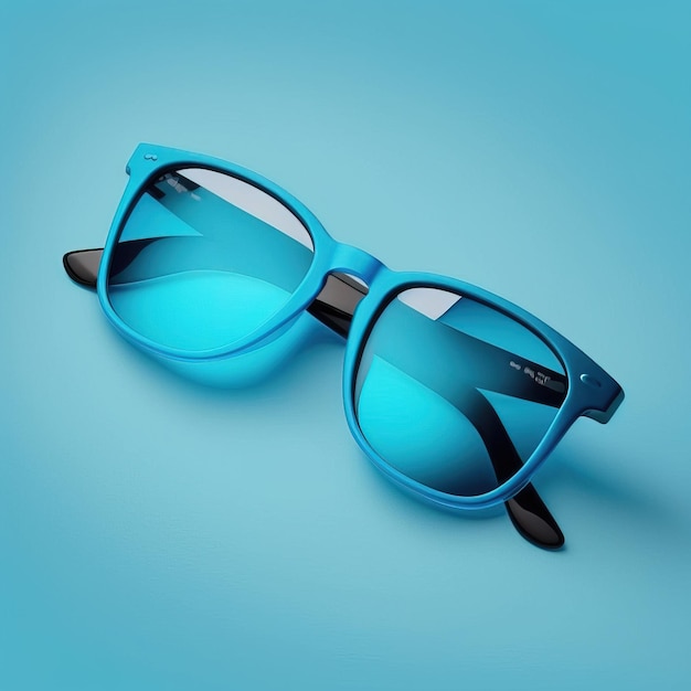 Blauwe zonnebril op een blauwe platte achtergrond, eenvoudig schoon en minimalistisch