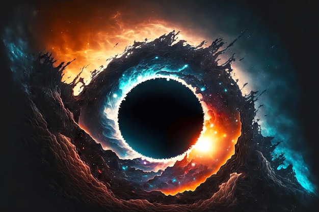 Blauwgele gloeiende ringen rond de singulariteit van een zwart gat