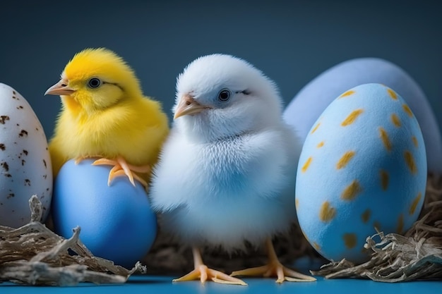 Blauwgele witte eieren in het nest en gele kuikens op een houten achtergrond Paaskaart Generation AI