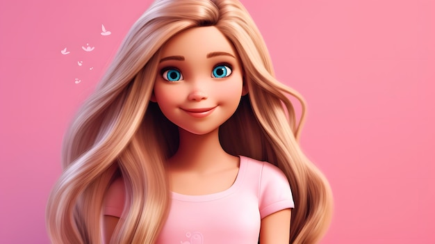 Blauwogig lang haar Barbie-meisje kijkt naar voren met een schattige glimlach op roze achtergrond