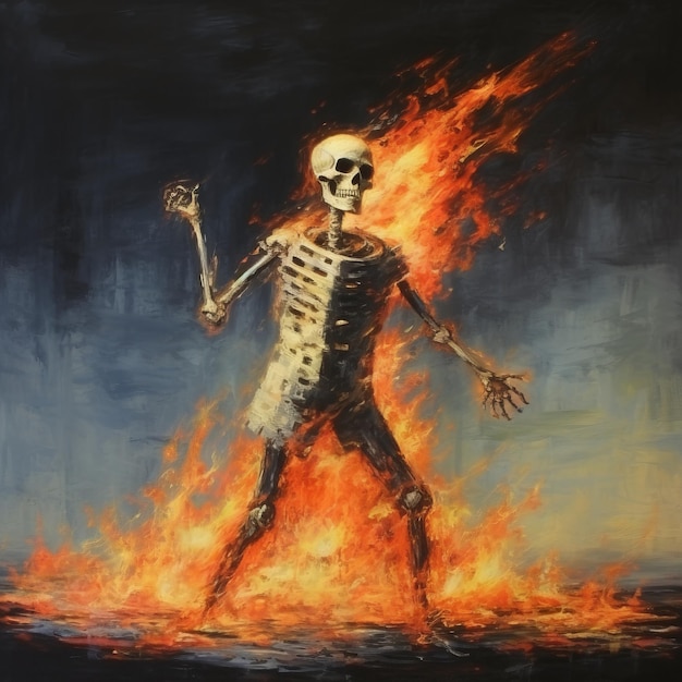 Blazing Bones A Comical Figurative Oil Painting Of A Burning Skeleton