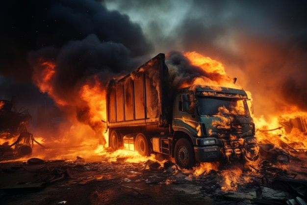 Photo blazing explosion of a freight fuel truck engulfed in flames and billowing smoke on the road