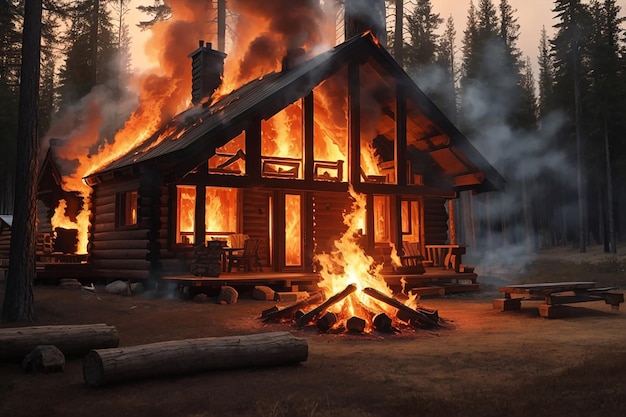 A blazing fire consuming a wooden cabin in the forest