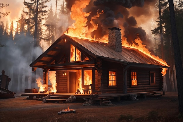 A blazing fire consuming a wooden cabin in the forest
